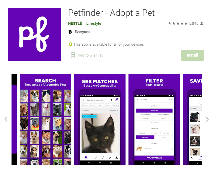 Screenshot of the Petfinder app on Google Play Store. The app, titled "Petfinder - Adopt a Pet" by NESTLÉ, falls under Lifestyle. This pet apps gem offers features like searching for adoptable pets, viewing compatibility matches, filtering results, and saving favorites.