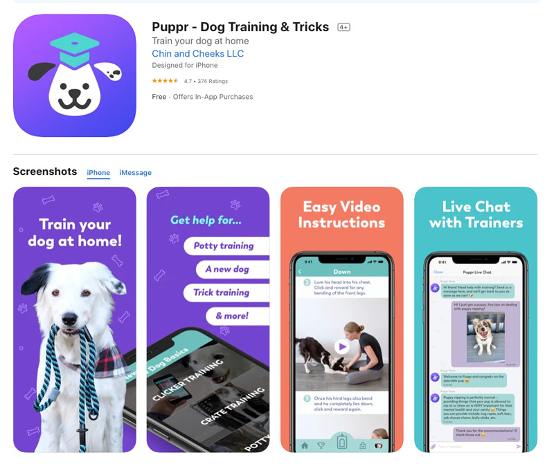 Screenshot of the Puppr - Dog Training & Tricks app on the App Store. The app icon shows a dog's face with a graduation cap. Preview images highlight features: DIY dog training, potty training help, easy video instructions, and live chat with trainers. A standout among pet apps!