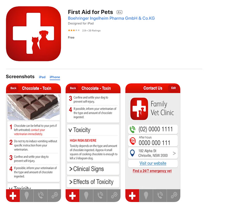 The image shows a description page for an app called "First Aid for Pets" by Boehringer Ingelheim Pharma GmbH & Co.KG, designed for iPad. It displays the app icon, user ratings, three screenshots demonstrating the app's interface, and contact information for a veterinary clinic—a standout among pet apps.