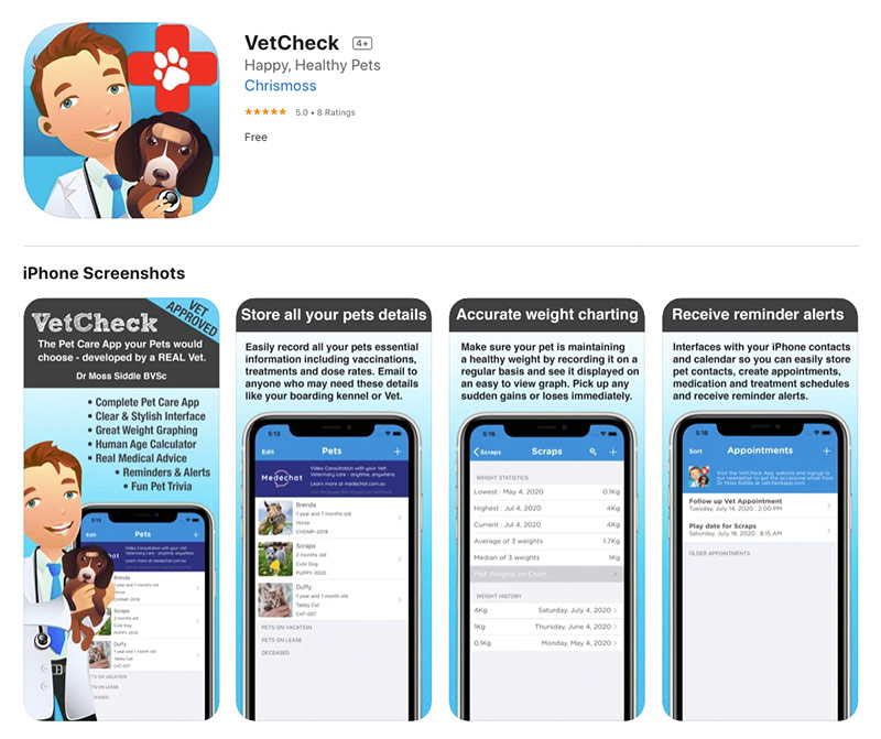 A screenshot of the VetCheck app on the Apple App Store showcases the cartoon veterinarian icon holding a dog. With a 5-star rating from 8 ratings, this leading pet app features detailed in-app screenshots highlighting pet details, weight charting, and reminders to keep your furry friend healthy.