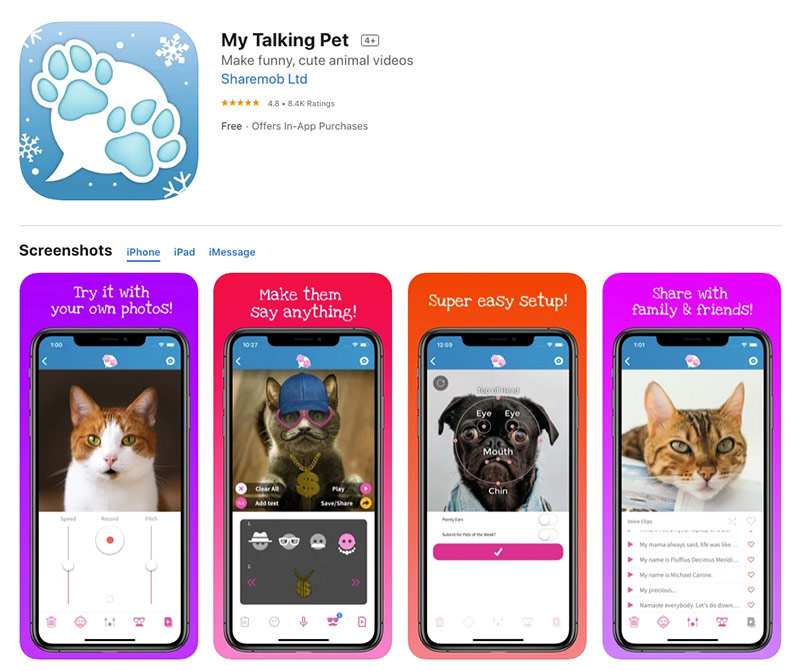 App store page for "My Talking Pet" by Sharemob Ltd. showcases one of the top-rated pet apps. The page features the app icon with paw prints, a 4.8/5 star rating, and four screenshots highlighting personal photo use, customizable voice options, easy setup, and sharing capabilities.