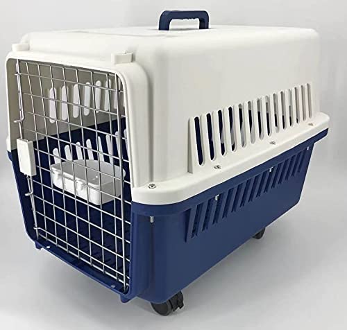 A plastic pet carrier with a blue bottom and a white top. It features a metal wire door for ventilation, a carrying handle on top, and small wheels for easy transport. The carrier is suitable for small to medium-sized pets and has slits on the sides for airflow.