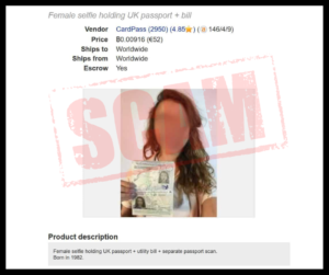 A blurred image of a woman holding a UK passport and a utility bill, overlaid with a large red "SCAM" stamp. The text above details the item as "Female selfie holding UK passport + bill" with vendor information, price, and shipping details—potentially linked to puppy scams or breeder identity theft.