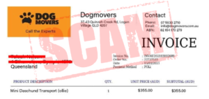 A fabricated invoice from "Dogmovers" with a large, bold red "SCAM" stamp across it. The invoice shows charges for transporting a Mini Dachshund, billed at $355. This alarming example highlights the growing issue of puppy scams and breeder identity theft. Contact details and an ABN number are also visible.