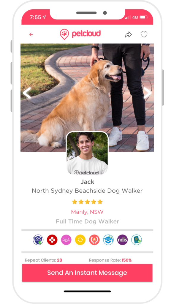A mobile app screen showcases a profile for "Jack," running a Beachside Dog Walking Business in North Sydney. The profile picture captures Jack smiling. A photo above depicts a golden retriever on a leash. Jack boasts 5-star ratings, 28 repeat clients, and an impressive 150% response rate.