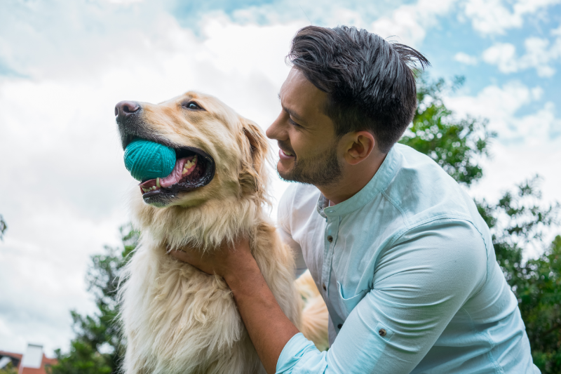 A man with dark hair and a light blue shirt is outdoors, smiling and playing with a golden retriever. The dog has a blue ball in its mouth, reflecting recent innovations like AI in the pet industry. The background features trees and a partly cloudy sky.