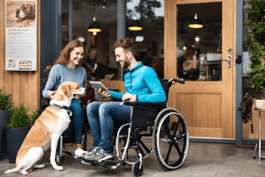 A man in a wheelchair and a woman sit outside a cafe with a dog, engaging in social and community participation. The man is showing the woman something on his tablet, and both are smiling. The dog, sitting in front of them, looks up. The cafe door and a poster are visible in the background. ndis funded activities near me, NDIS Social and Recreation Support