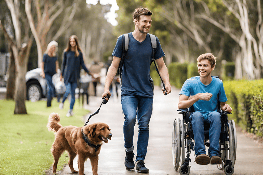 A smiling man walks his golden retriever along a tree-lined path, next to a laughing man in a wheelchair. Both appear happy and engaged in conversation, showcasing the joy of social and community participation. In the background, two people walk together, enjoying the pleasant outdoor setting.