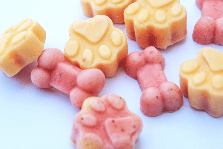 Colorful frozen dog treats, shaped like paw prints and bones, are scattered on a white surface. The paw print treats come in shades of yellow and orange, while the bone-shaped ones are pink. These artisanal delights present luxury treatment ideas for pets with their homemade charm.