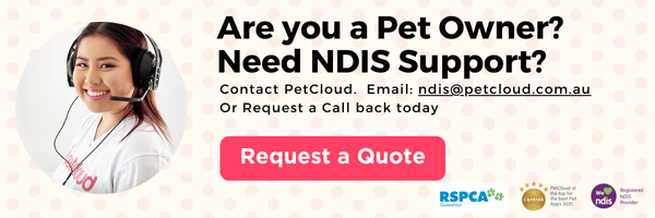Find home-based crisis support pet care through PetCloudA cheerful woman wearing a headset is shown on the left side of a banner with the text "Are you a Pet Owner? Need NDIS Support or Crisis Support Pet Care? Contact PetCloud. Email: ndis@petcloud.com.au Or Request a Call back today." 