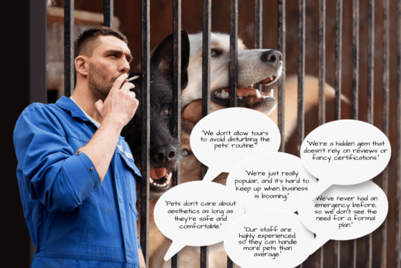 A man in a blue uniform stands pensively with dogs behind bars. Speech bubbles around him reveal 10 excuses dodgy kennel operators give, such as avoiding tours, dismissing certifications, and valuing aesthetics for pet comfort over real standards.