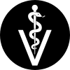 A white Rod of Asclepius symbol, with a snake coiled around a staff, is centered on a black background. Below it, a large white letter "V" is depicted.