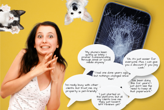 A woman appears anxious, surrounded by speech bubbles with texts about preferring digital communication over phone calls. In the background, featuring a cracked smartphone screen and images of animals peeking from the corners, echoes excuses dodgy pet sitters might give to avoid helping.