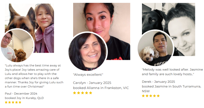 A collage with three reviews and photos. Left: A woman with dogs, a review praising dog walking. Center: A woman smiles, noted as "Always excellent." Right: A woman and man with a review about quality doggy daycare. Various 5 star ratings included.