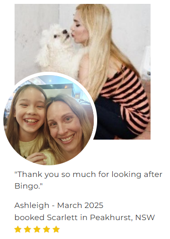 A woman with long blonde hair kisses a small white dog. Below, a circular inset shows a smiling woman and child. Text reads: "Thank you so much for looking after Bingo." Rated with five stars, she's praised as the best dog boarding in Sydney. Booking details for Scarlett in Peakhurst, NSW.