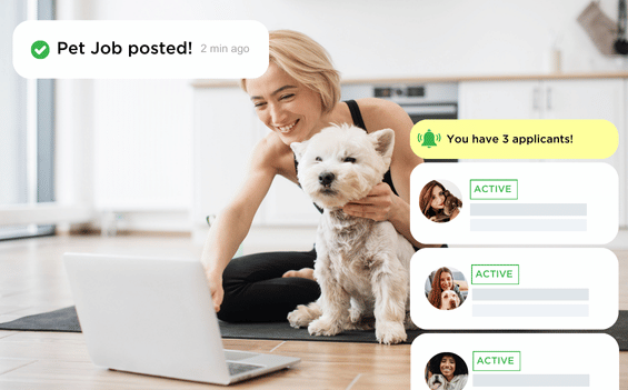 A person sits on the floor with their dog, browsing a laptop. A notification pops up: "Pet Job posted!" and another shows 3 applicants. Profiles marked "Active" display beside small photos. They're searching for the best dog boarding in Sydney to ensure their furry friend is in good hands.