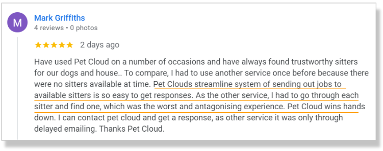 A Google review by Mark Griffiths praises Pet Cloud for its easy communication and reliable pet sitters, noting faster responses than a previous, tougher service. Five stars appear above the review—perfect for those seeking luxury pet-friendly hotels Australia too.
