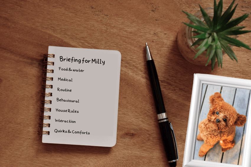 A notebook titled "Briefing for Milly" with a checklist sits on a wooden table next to a pen, a potted plant, and a framed photo of a small brown dog—perfect for briefing pet carers on important tasks.