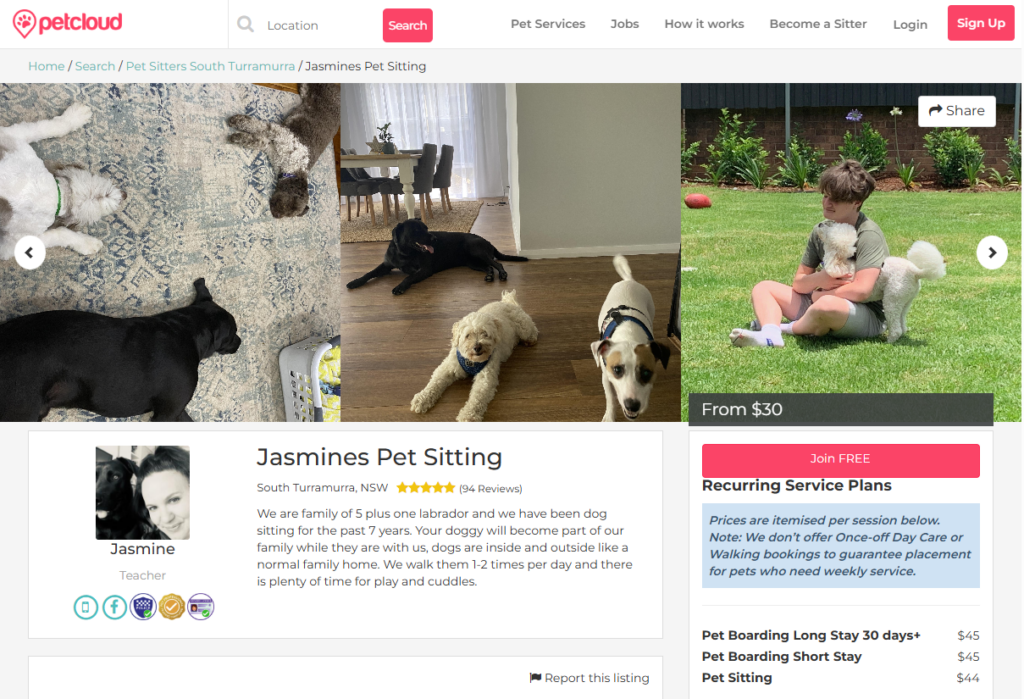 A luxury dog boarding Sydney profile page featuring photos of dogs lounging indoors, a man on the grass with two happy pups, service prices, and highlights of family pet care experience and glowing customer reviews.