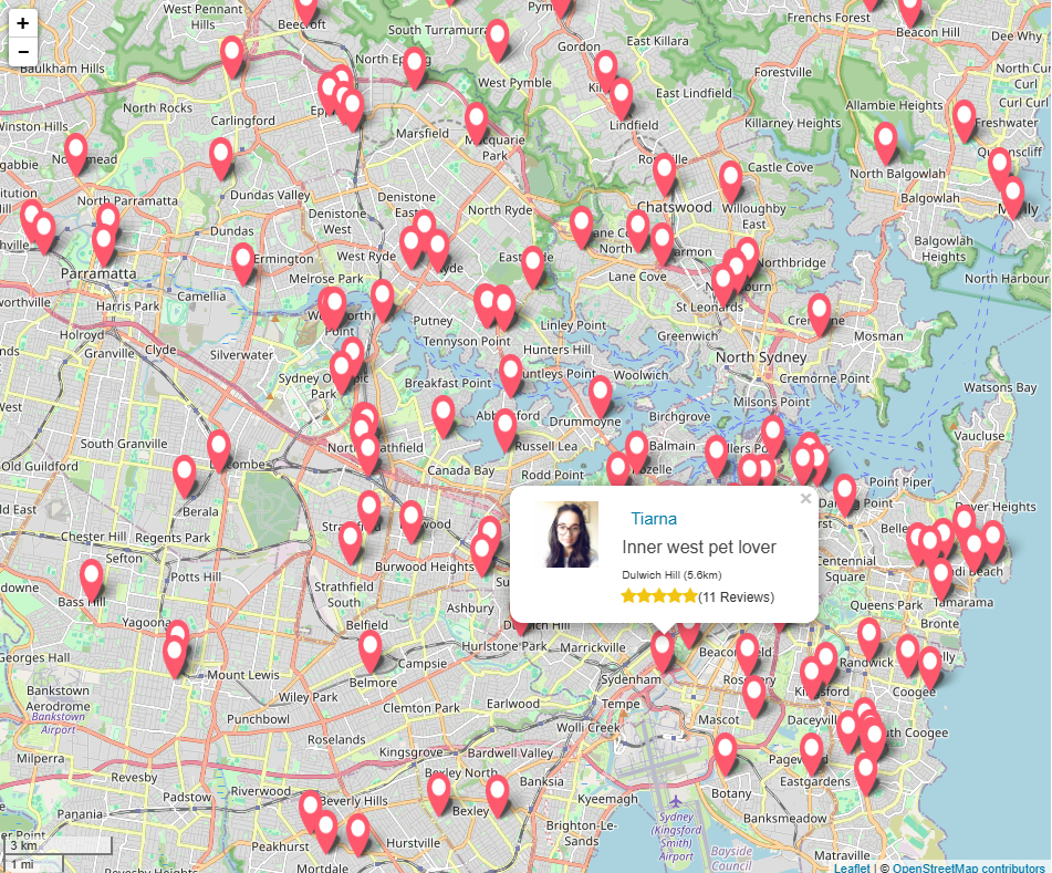 A digital map of Sydney displays numerous red location pins for luxury dog boarding in pet sitters homes on PetCloud. Many of them are close to Sydney Airport (International & Domestic) and Sydney CBD, Bondi Beach, North Sydney, Parramatta, Newtown, Surry Hills, Chatswood, Penrith, Liverpool, Inner West & Eastern Suburbs