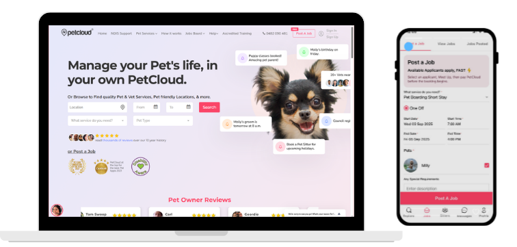 A laptop displays the PetCloud website homepage with a small dog and search bar, highlighting options for the Best Luxury Dog Boarding in Sydney, while a smartphone shows the PetCloud app for posting and managing pet care jobs.