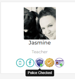Black and white photo of a woman smiling next to a dark-colored dog. "Jasmine" and "Teacher" appear below, with icons for phone, Facebook, police check, badge, and verification. Based in Sydney, Jasmine offers trusted Luxury Dog Boarding.