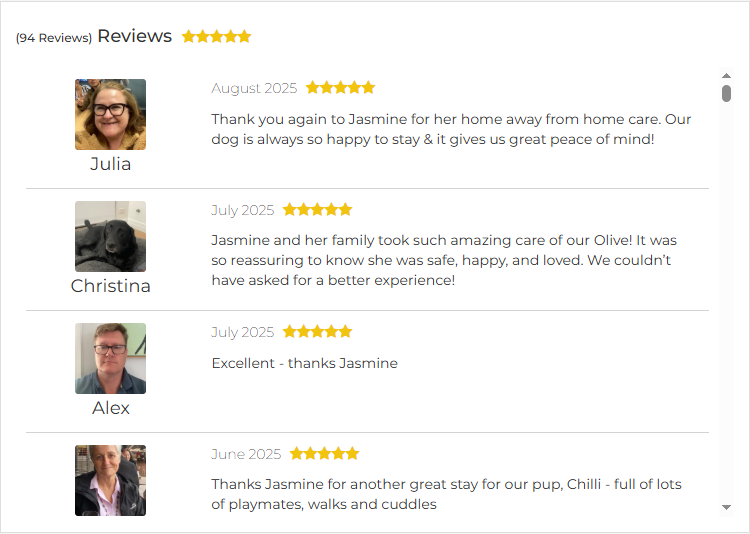 Screenshot of four customer reviews for Jasmine, each with a 5-star rating, profile photo, name, and feedback praising her luxury dog boarding services in Sydney, mentioning safety, happiness, and expressing gratitude.