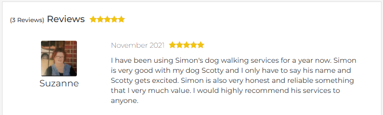A five-star review by Suzanne from November praises a dog walker booked via PetCloud as one of the best dog walking options in Australia, highlighting her dog Scotty’s excitement and Simon’s honesty and reliability. Suzanne’s profile photo appears beside her review.