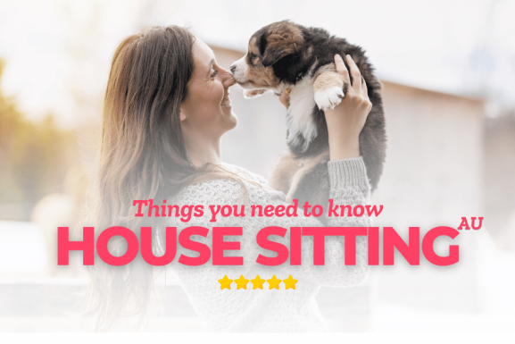 A smiling woman holds a small puppy close to her face. Overlaid text reads, "Things you need to know Housesitting Au" with five yellow stars beneath the text—perfect for discovering essential housesitting tips in Australia.