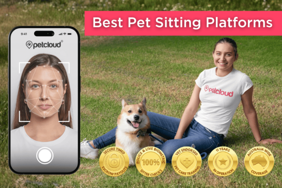 A woman in a PetCloud shirt sits on grass with a dog. Beside them is a phone showing the PetCloud app. Text reads "Best Pet Sitting Platforms," with five gold badges highlighting service features.