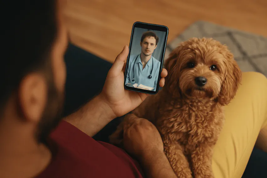 Man on couch with golden doodle dog having a video call with a vet