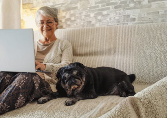 An older woman with short gray hair sits on a cozy couch, smiling as she uses her laptop. Next to her, a black pug lies contentedly—showing the relaxed side of house sitting Australia’s pet owners need to know about.