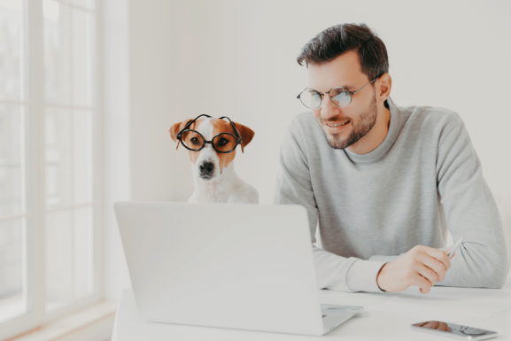A man with glasses and a light sweater smiles while working at a laptop, seated next to a small dog also wearing glasses, perhaps researching How to Find a Pet Sitter in Australia—A Step-by-Step Guide for First-Time Pet Owners, in a bright, modern room.