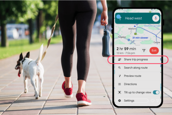 A person in black leggings and red shoes walks a white dog on a leash along a paved path. In the foreground, a navigation app displays route options and highlights "How to Share Your Dog Walk Route with Pet Owners.