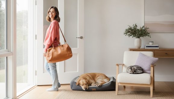 A woman in a pink sweater and jeans, carrying a tan bag, smiles by an open door—ready for her weekend pet sitting. Inside, a golden retriever naps on a dog bed while a cat is curled up on a white chair in the bright, cozy room.
